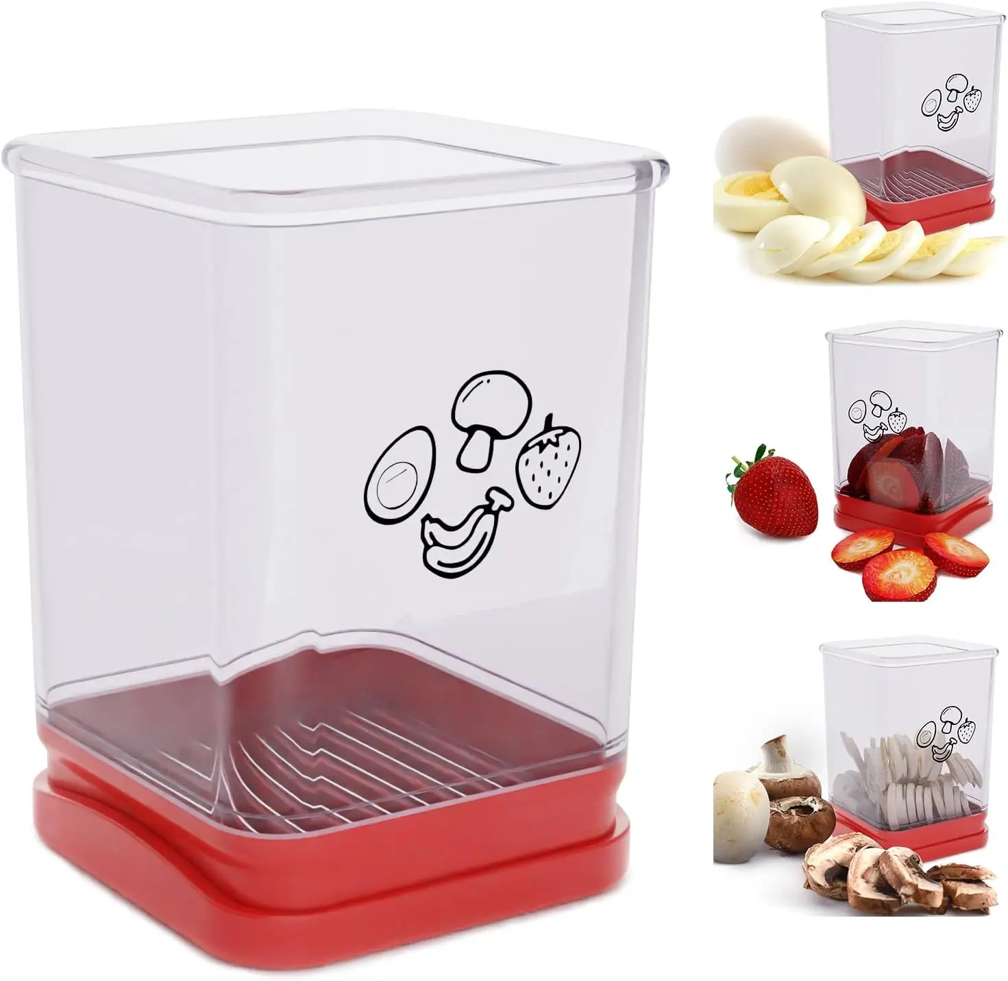 Durable Vegetable Slicer, Fruit & Vegetable Fast Cutting Slicer, Kitchen Accessories Stainless Steel Blade Fruit Slicer Cup, Strawberry Cutter, Kitchen Gadget, Food Prep Container with Red Base and Clear Lid for Efficient Storage and Organization