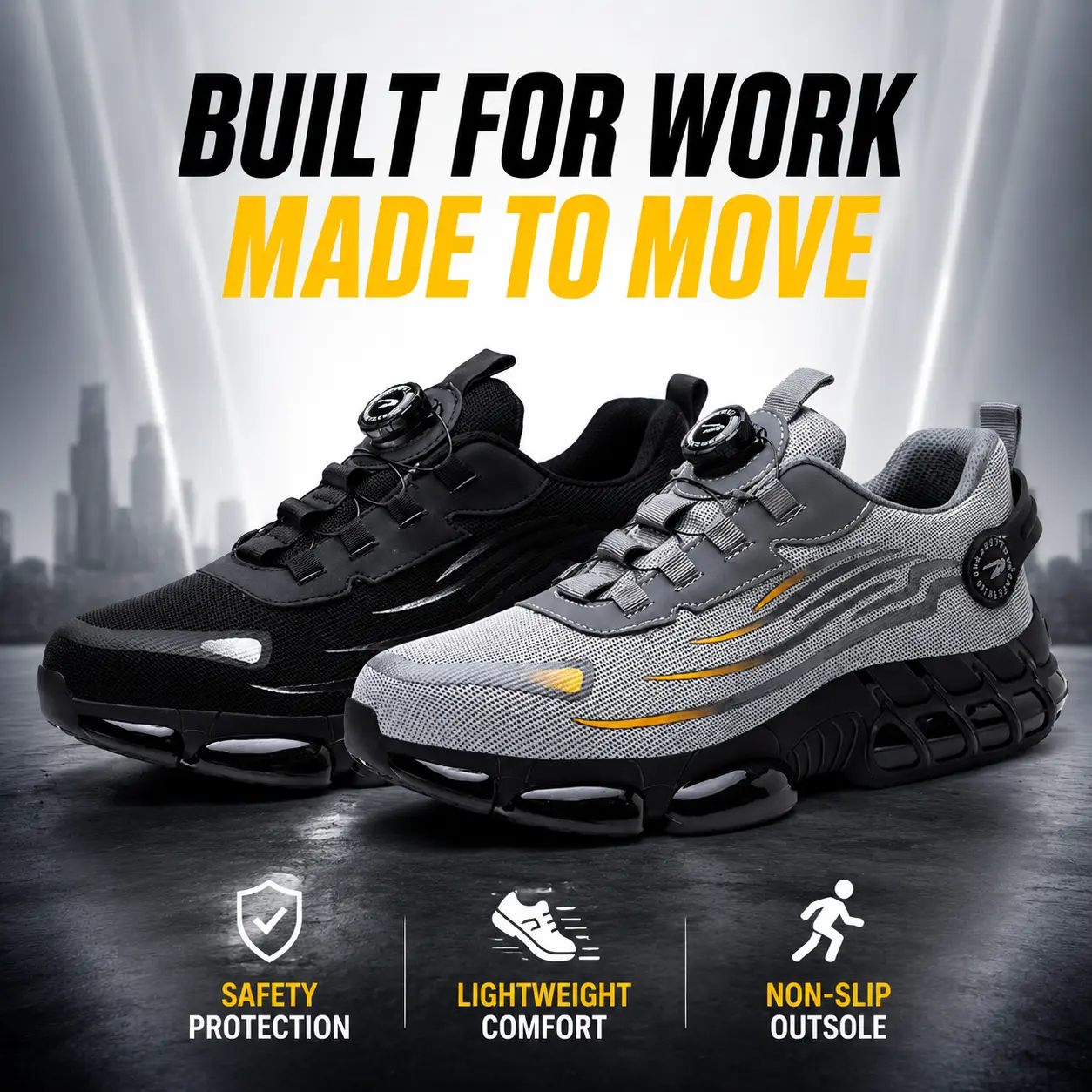 Men's Steel Toe Safety Sneakers - Lightweight Work Shoes with Quick Dial Lacing, Puncture-Proof Breathable Mesh Sport Safety Footwear for Industrial Workers, Walking Shoes, Warehouse, Closed, Round Toe, Working Shoes