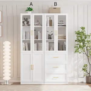 VOWNER Bookcase with Glass Doors & Drawers, 5 Tier Bookshelf with Adjustable Shelf, Large Storage, Home Office, Living Room, White（2set）