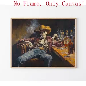 Western Gothic Skeleton Cowboy Canvas Poster (Unframed) - Vintage Oil Painting Style Wall Art - Spooky Saloon Bar Decor - Rustic Wild West Print