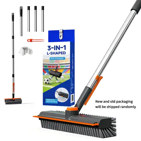 Multifunctional 3-in-1 Floor Scrubber Brush with Oversized Reinforced Head - Home Cleaning Tool, Cleaning Supplies, Long Reach Stainless Steel Handle, 360°Rotating Squeegee, Heavy-Duty Stiff Bristles, Wear-Resistant for Bathtub, Patio Comprehensive Clean