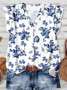 Women's Casual Floral Print Shirt, Minimalist Style, Perfect for Spring Summer Vacation, Emery Rose Fashion Top