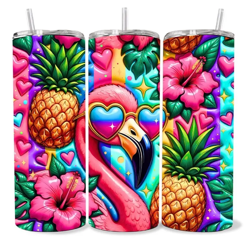 Flamingo 3D 20 oz Tumbler - BPA Free, Stainless Steel, Leak Proof, Clear Lid, Includes Straw