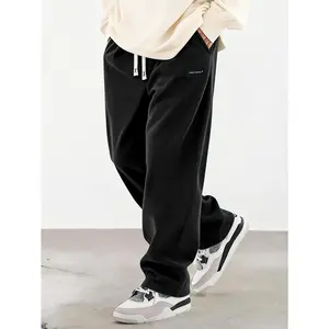 Men's Solid-Color Corduroy Casual Long Pants for Spring and Autumn: Featuring Drawstring Pockets, Lightweight Soft Breathable Material, Wide-Leg Straight Cut with Elastic Waistband – Highly Versatile, Ideal for Daily Casual Outings