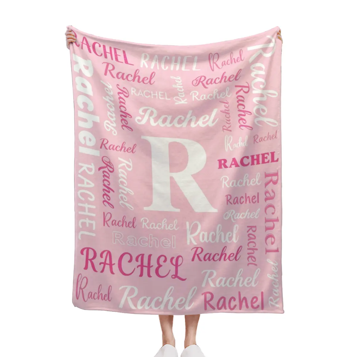 Custom Rachel Name Monogram Throw Blanket, Personalized Pink Text Repeat Fleece Blanket, Custom Gift For Her Bedroom Decor