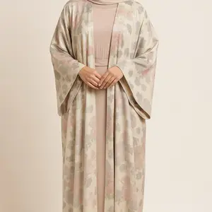 Bokoye Co. Soft Bloom Abaya - Elegant Pastel Floral Print Lightweight Satin-Polyester Blend Open Front with Wide Sleeves for Special Occasions