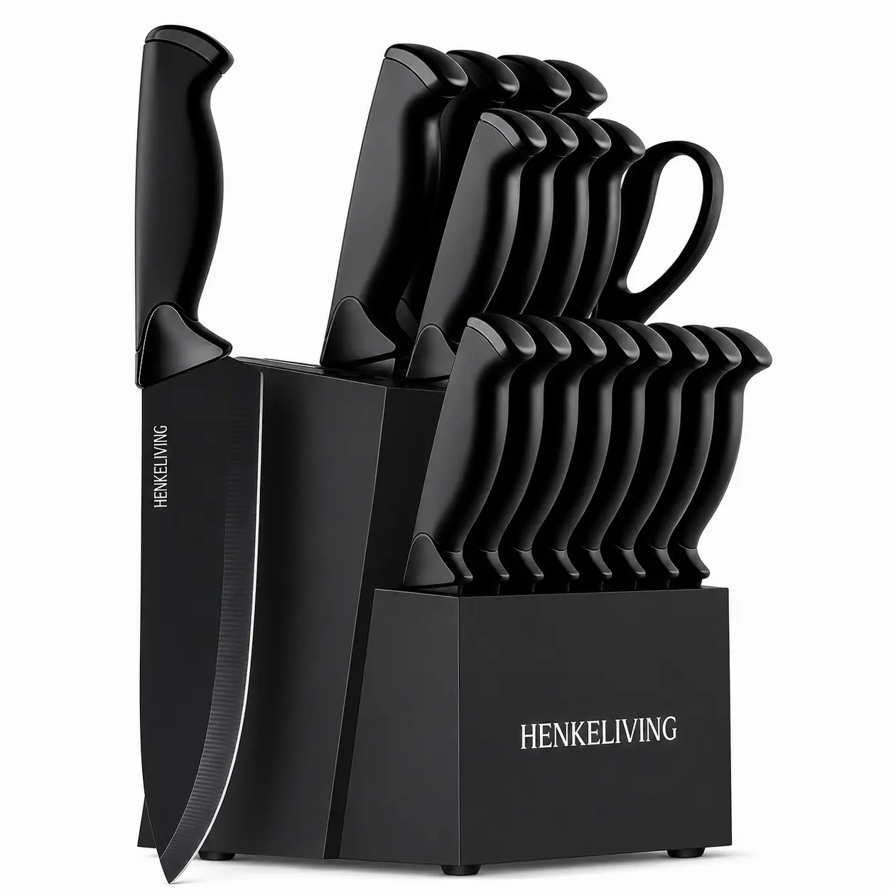 HENKELIVING 19-Piece Kitchen Knife Block Set with Cutting High-Carbon Stainless Steel Blades, Built-In Sharpener, 8 Steak Knives, Ergonomic Handles That Reduce Hand Fatigue for Everyday Home Cooking, Ergonomic Handles Reduce Hand Fatigue