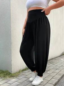 Women's Plus Size Harem Pants High Waisted Tummy Control Smocked Waist Baggy Joggers Loose Fit Lounge Pants Casual Yoga Activewear Boho Trendy Fashion Bottom Trouser