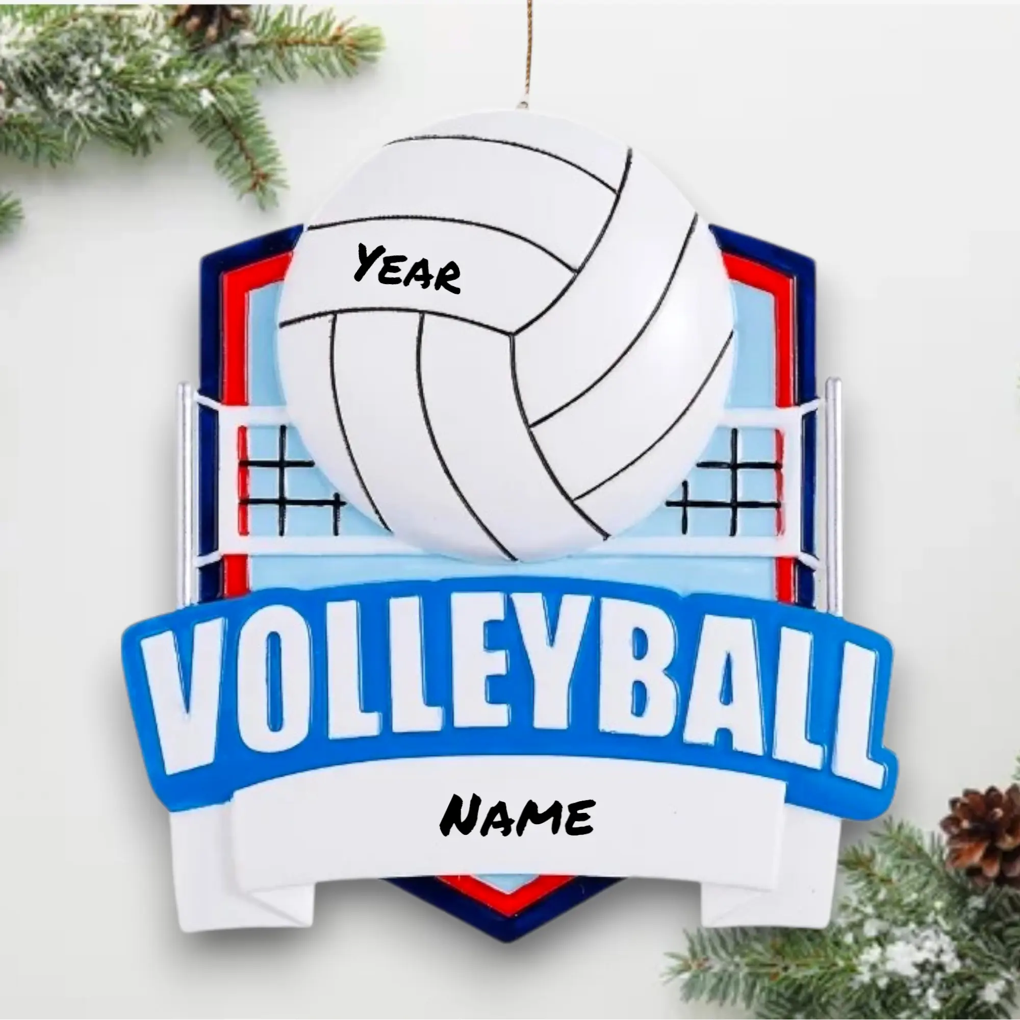 Personalized Volleyball Ornament 2025 – Custom Name & Year – Volleyball Net Shield Design – Player Gift Noel Box
