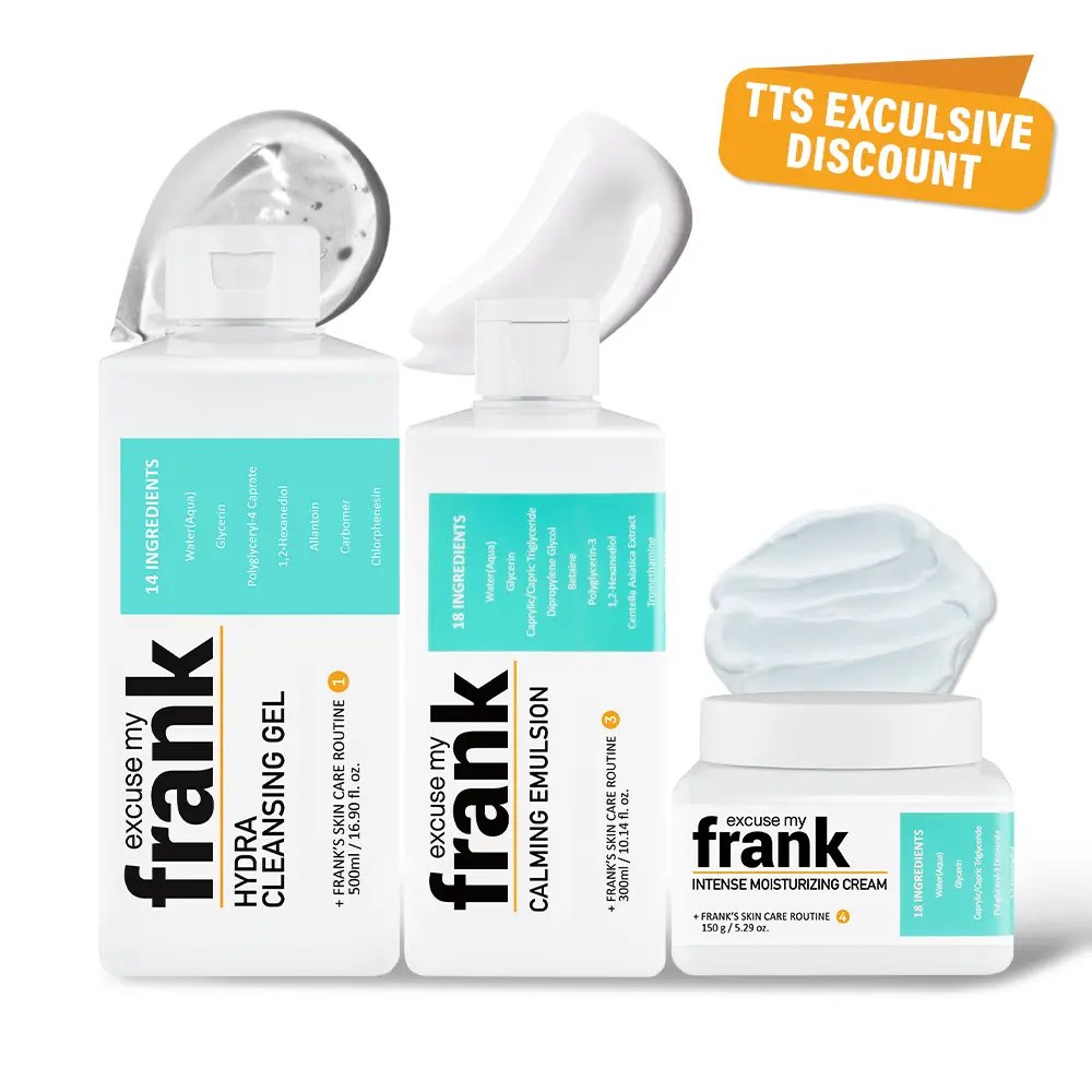 [TikTok Shop Exclusive] Excuse My Frank Dry Skin 3-Piece Bundle - Hydra Cleansing Gel 500 ml/ 16.90 fl.oz, Calming Emulsion 300 ml/ 10.14 fl.oz, Intense Moisturizing Cream 150g/ 5.29 oz - Soothing and Moisturizing Skincare Routine