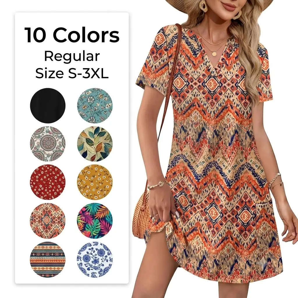 Women's Summer Casual V-Neck T-Shirt Dress with Pockets | Boho Floral Mini Sundress