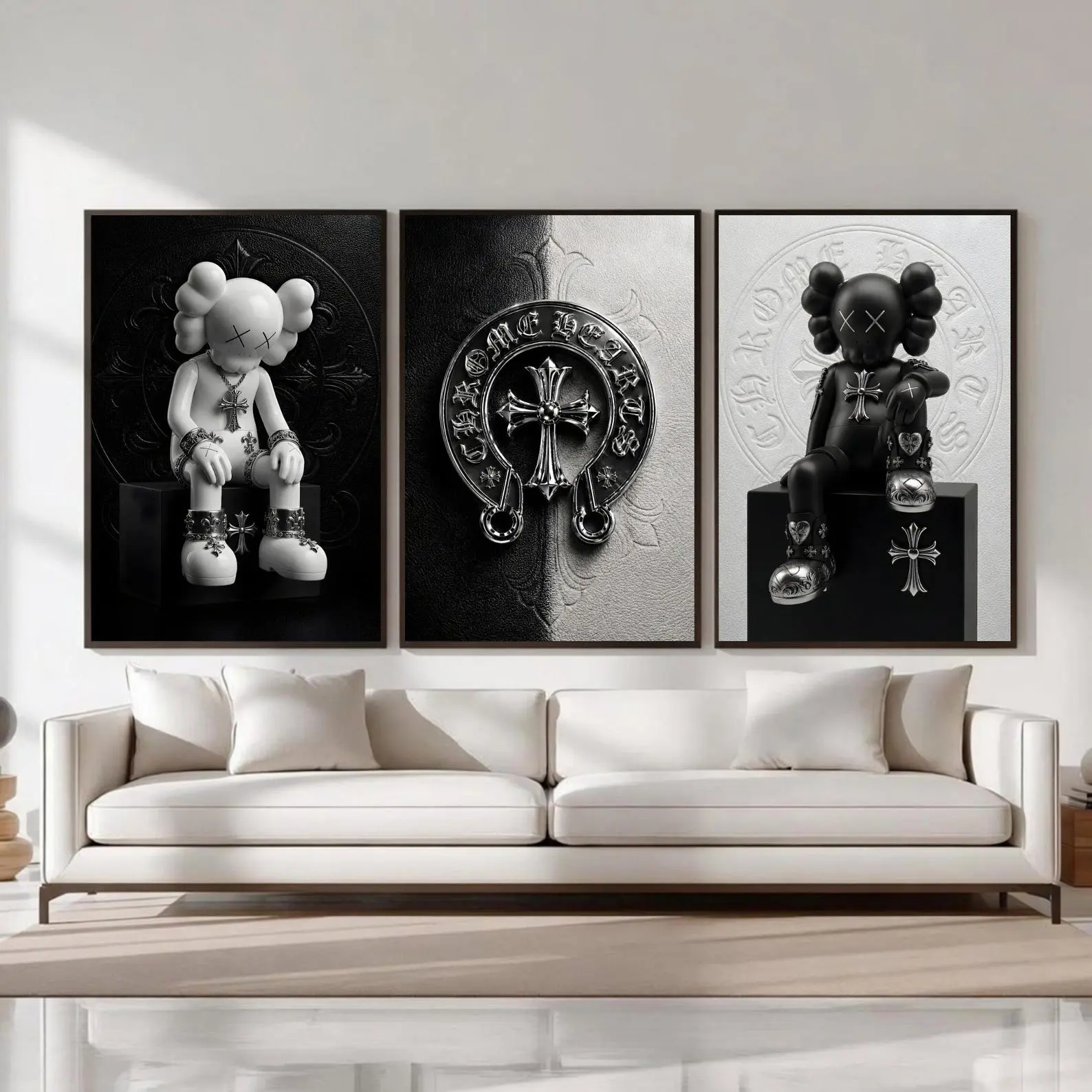 Chrome Hearts Kaws Poster Set of 3 Print Unframed, Black White Hypebeast Decor Wall Art, Gothic Luxury Decor, Black White Chrome Hearts, Dark Fashion Decor