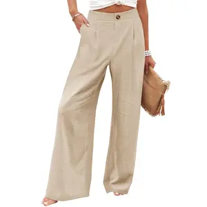 Women's Commuting and Vacation Summer Comfortable High-Waisted Long Pants with Buttons, Elastic Waist, Wide-Leg Casual Straight Pants