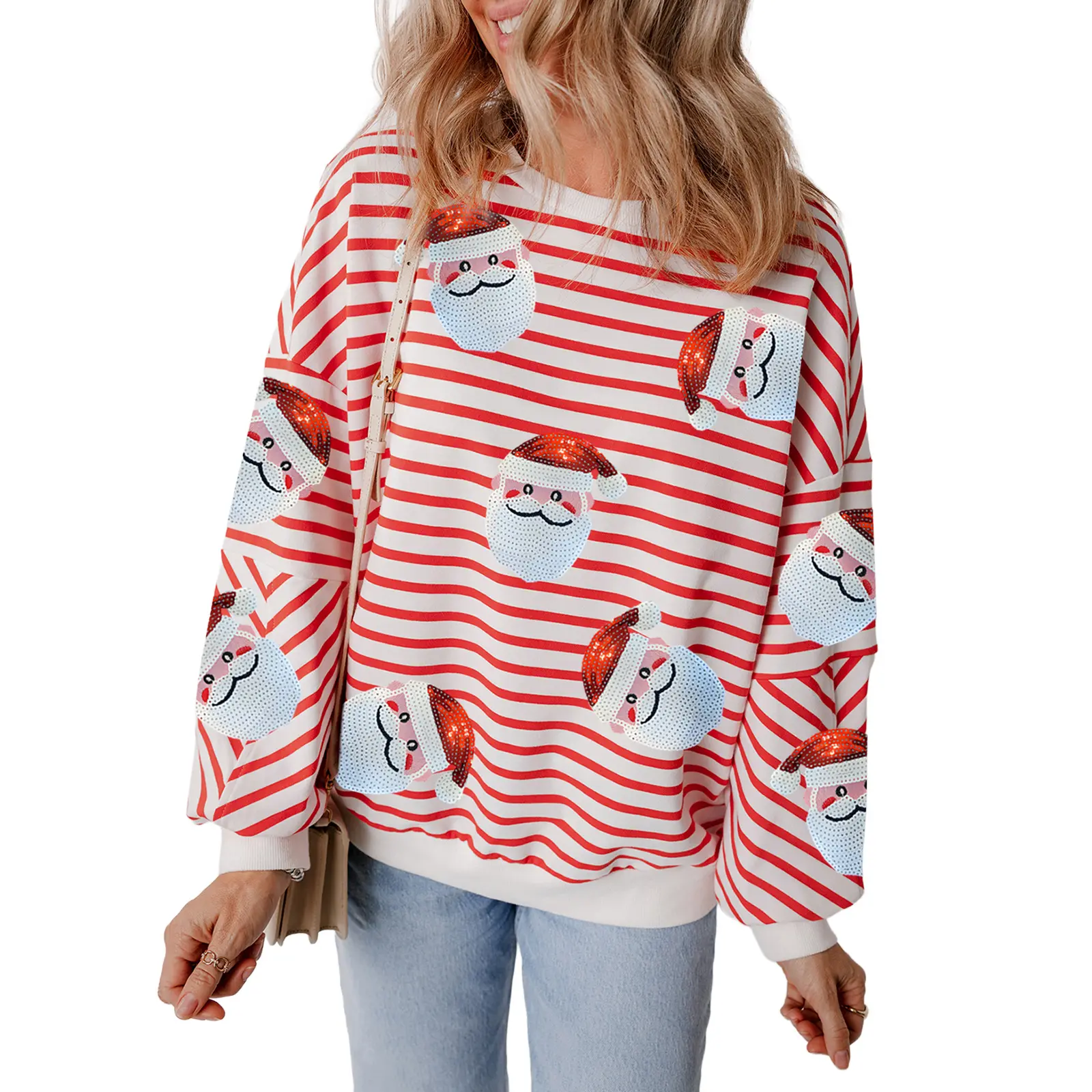Znacicc Women's Christmas Sweatshirt Festive Santa Print Orange Stripe Long Sleeve Pullover Fashion Holiday Wear Gift Idea Winteroutfit