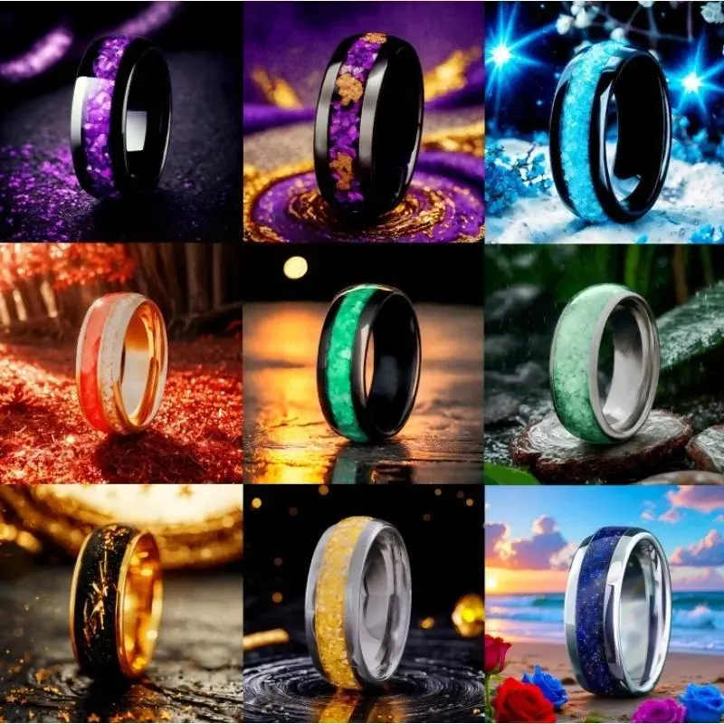 9 Styles Fashion Stainless Steel Ring Set with Purple/Blue/Orange/Green/Yellow/Blue Sticker Rings, Christmas Gift for Husband