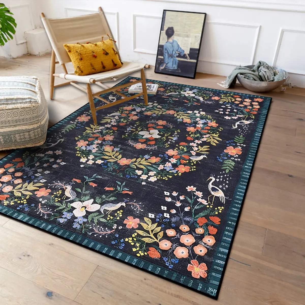 Vintage Floral Pattern Carpet, Floral Rugs, Soft Comfortable, Non-Slip Design, Easy to Clean, Ideal for Living Room, Bedroom, Kitchen