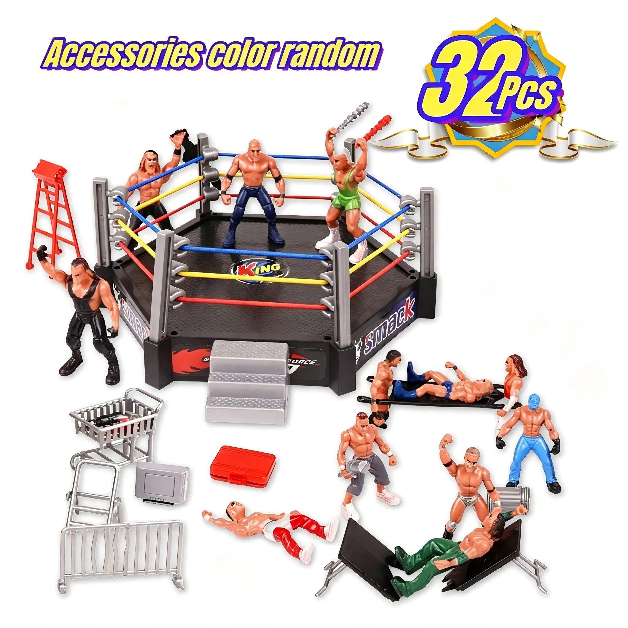 32-Piece Kids Hexagonal Wrestling Ring Playset - Nitrosamine-Free Viral FYP Battle Toy Kit with 12 Super Wrestler Figurines, 20 Accessories, Epic Pretend Play Gift for 12+ Boys to Boost Hands-On, Logical Thinking Skills (Birthdays, Christmas Rewards)