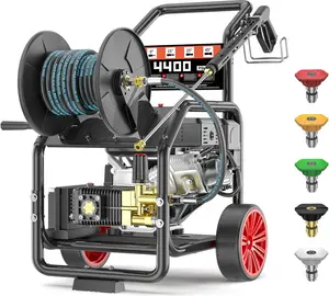 KARHDIR 4400PSI Gas Pressure Washer with Hose Reel, 4.5 GPM, One-Button Electric Start 420CC 15HP Commercial Pressure Washer with 50FT 3/8" Hose, Spray Gun & Wand, 5 Quick Connect Nozzles