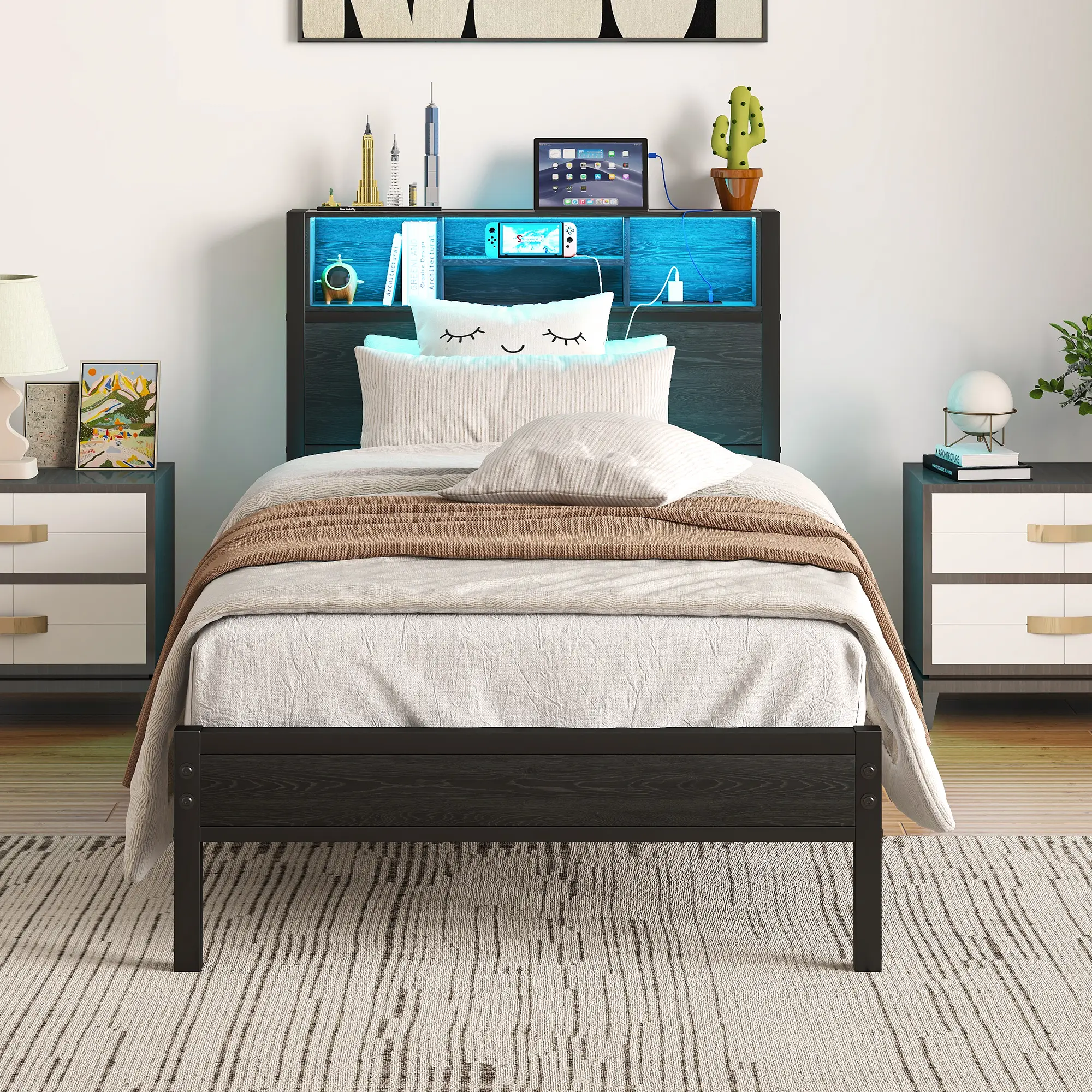 Twin Size Bed Frame with Storage Headboard and Charging Station, Metal Twin Storage Bed, Twin Platform Bed with Bookcase Storage for Bedroom, No Box Spring Needed, Easy Assembly