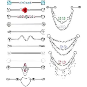 7-16pcs 14G Stainless Steel Industrial Piercing Barbell Earring Cartilage Body Jewelry 38mm 1&1/2 Inch Industrial Piercing Bar for Women Men Snake Chain Dangle