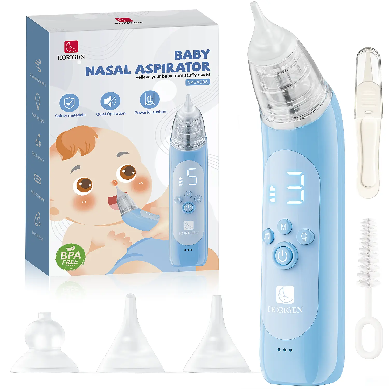 Nasal Aspirator for Baby, Electric Baby Nose Suction with 5 Adjustable Levels Suction, USB-C Rechargeable Mucus Cleaner with Lights and Music, Baby Nasal Aspirator for Toddler with 3 Silicone Tip