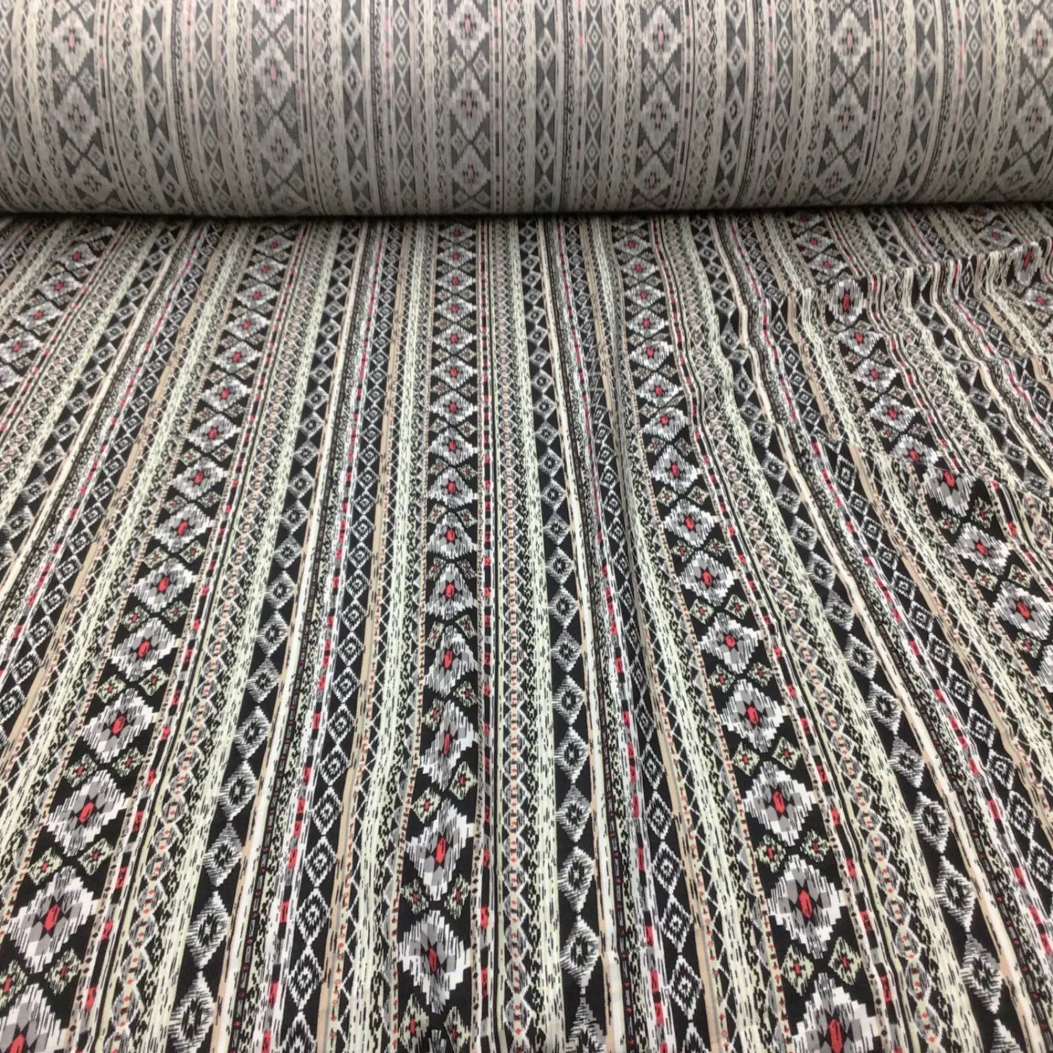 Fabric Challis Rayon Apparel Red Tan Black Cream Aztec F421