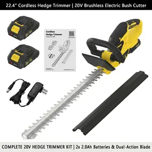 22.4" Cordless Hedge Trimmer, 20V Electric Bush Cutter with Dual-Action Blade, Brushless Motor, 2x 2.0Ah Batteries, 3000 SPM for Garden & Lawn Trimming