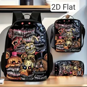 3-piece Freddy pattern backpack set, 2D Flat includes a large-capacity casual backpack, pencil case, and shoulder bag, hand washable, zipper closure, cool printed design, lightweight and durable, suitable for travel, commuting, and everyday use in various