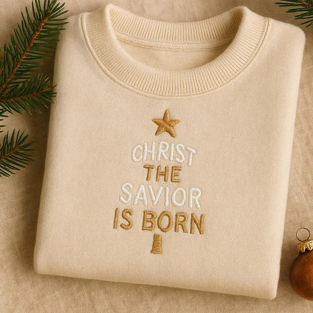 Embroidered Christ The Savior Is Born Sweater, Religious Christmas Tree Shirt, Christian Holiday Crewneck, Nativity Scene Gift Gift For Her/Him