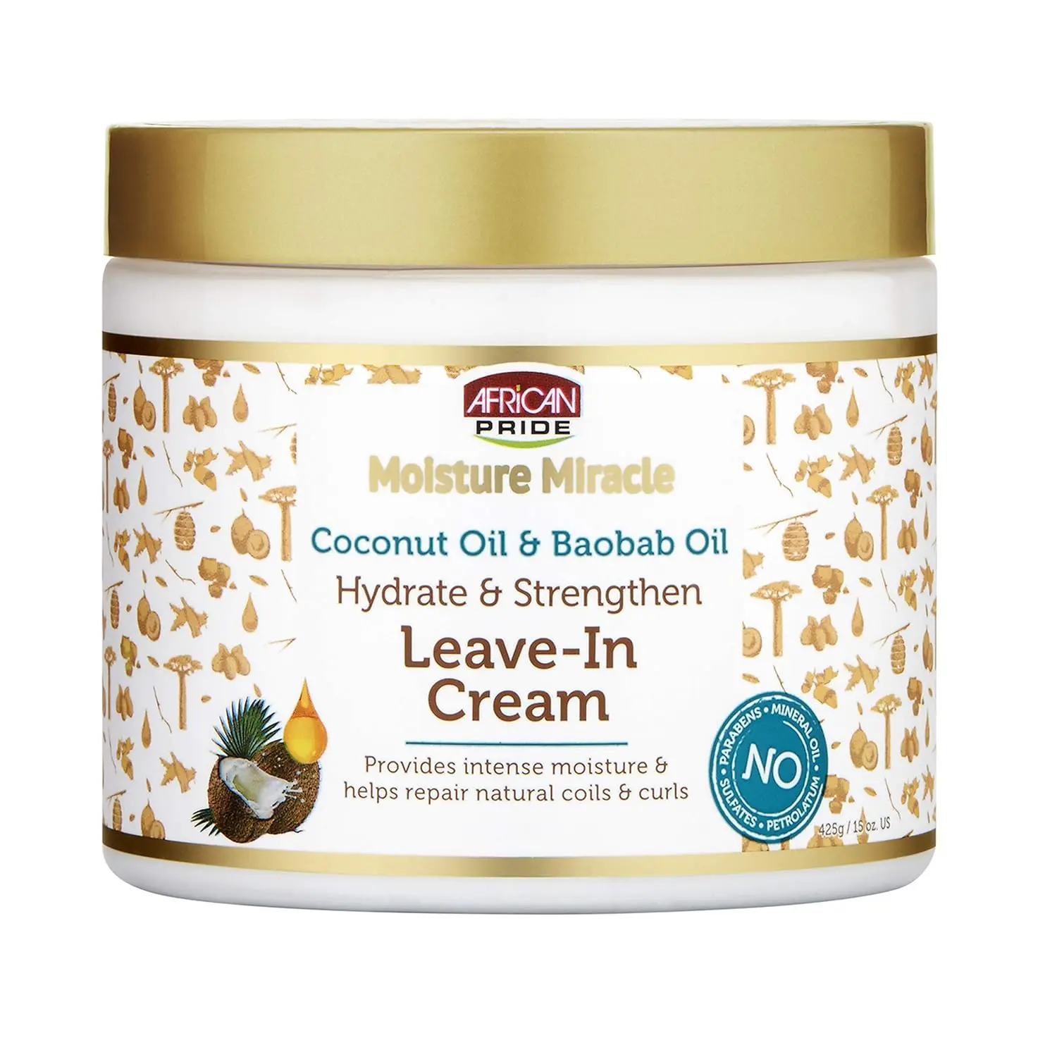 African Pride Moisture Miracle Leave-In Cream - 15 oz Hydrating Moisturizing Hair Treatment with Coconut & Baobab Oil, Daily Use Frizz-Free Solution for Defining African Curls & Coils, Lightweight