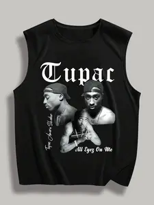 Men's Regular Fit Tuoac & Letter Print Stylish Tank Top, Casual Sleeveless Top for Summer, Men's Clothes for Daily Wear, Socks