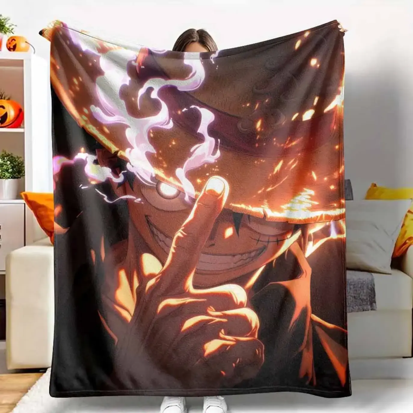 One Piece Luffy Gear 5 Glowing Eyes Lightning Flame Dark Aesthetic Throw Blanket Anime Inspired Graphic Blanket, Dark Fantasy Fleece Blanket, Soft Cozy Blanket for Anime Fans Teens Adults, Couch Sofa Blanket Bedroom Decor Gaming Room Decor Holiday Gifts