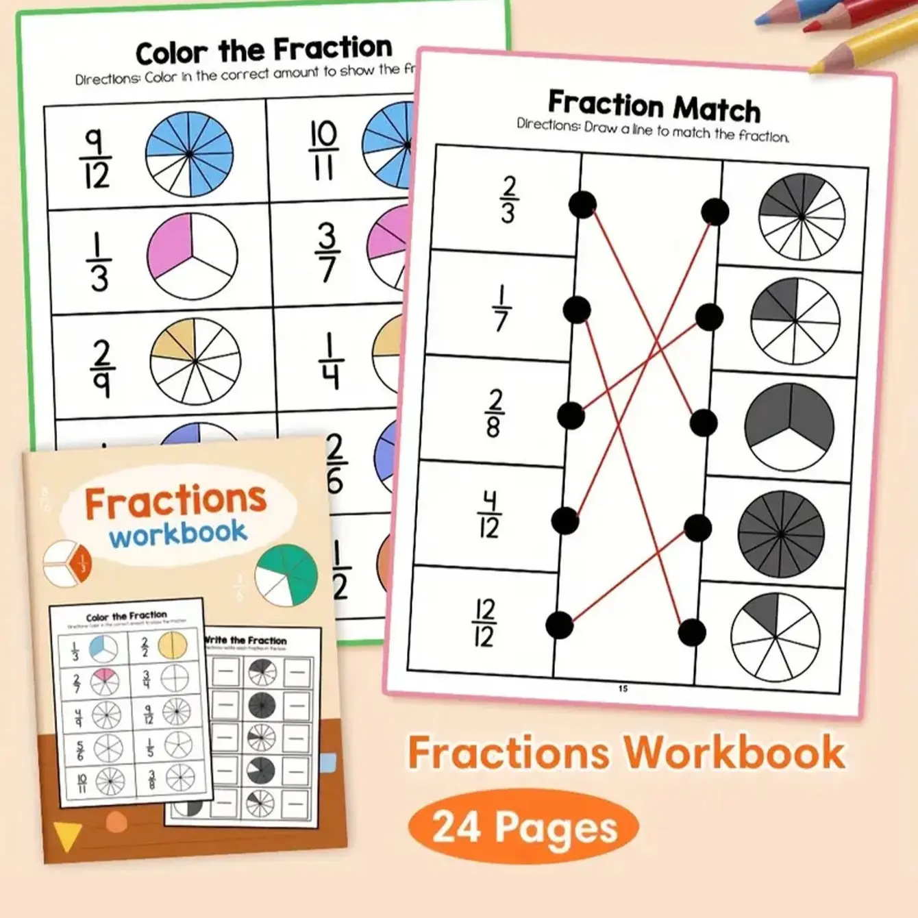 Fraction Practice Book, Colorful Math Workbook with Fun Simple Learning Activities, Visual Learning Tools, Learning Materials, English Language, Paper Material, Includes Answer Key, Study Supplies, School Supplies