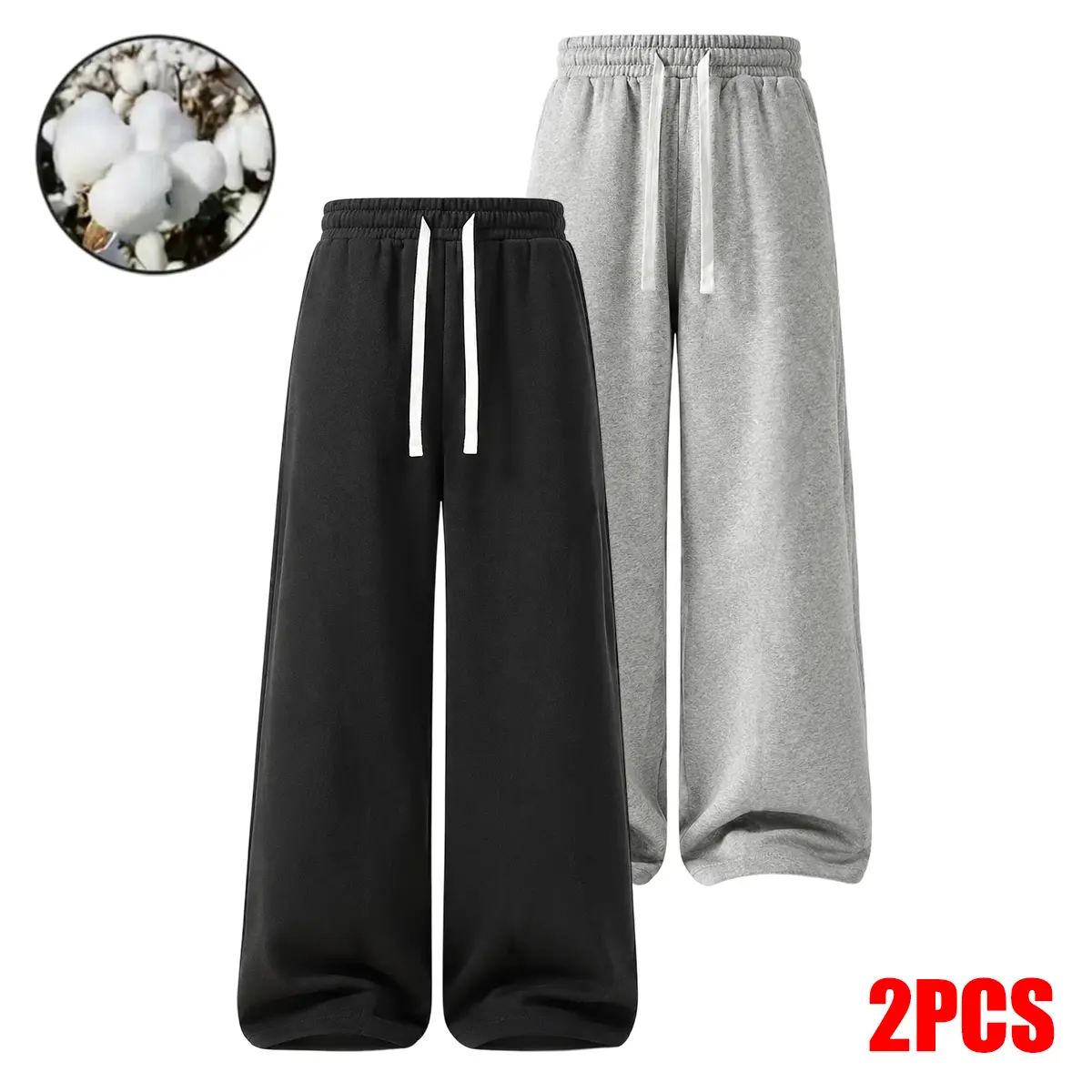 Men’s solid-color drawstring cotton joggers with pockets, a 2-pack of casual athletic pants suitable for jogging and outdoor activities, featuring a loose straight cut that’s ideal for everyday wear in autumn and winter.