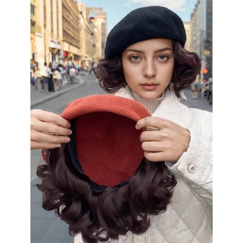 1pc Women'S 2-in-1 Beret Hat & Wig - Curly Short/Long Wig with Beret Hat, Lightweight Winter Warmth, Brown/Black, Perfect for Baldness, Everyday & Special Occasions