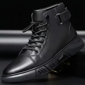 Autumn Men's Riding Boots Versatile Black Leather Boots Work Boots British Style High-top Leather Shoes Waterproof Casual Trendy Men's Boots Footwear Boy Women Closed Comfort Decor Bota