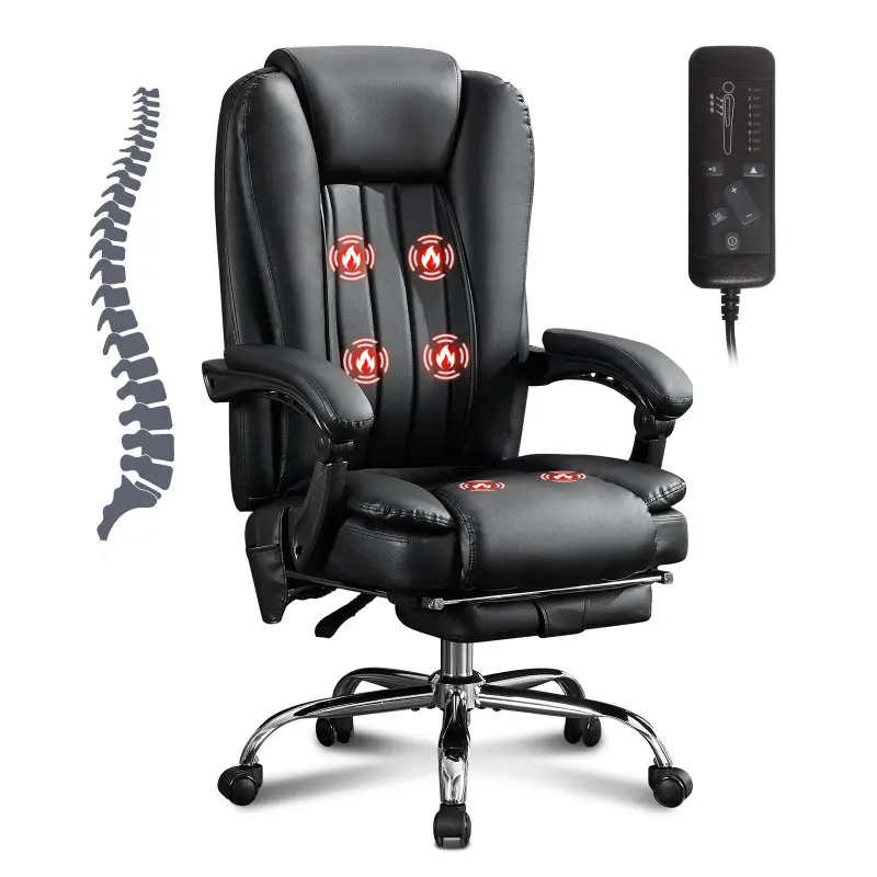 Leather Executive Office Chair - Massage Chair with 6 Vibration Points, Heat Function, Padded Armrests, Reclining Backrest, Footrest and Rolling Wheels, Leather Office Chair