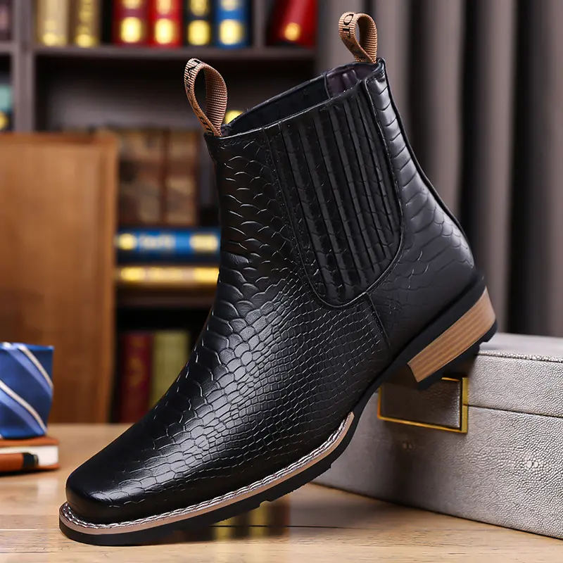 Men’s shoes: crocodile-texture square-toe slip-ons, Chelsea ankle boots, British retro leather boots, high-enad denim boots, elegant work boots,Versatile Men's Chlesea Boots,outdoor casual closed-toe style