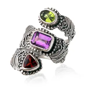 NOVICA Artisan Handmade Multigemstone Wrap Ring .925 Sterling Silver from Bali Amethyst Garnet Peridot Green Multicolor Purple Red Indonesia Birthstone 'Elegant Trinity'