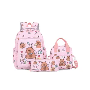 3pcs Cartoon Capybara Cute Large Capacity Travel Backpack Set for Girls Aged 14-16, Pink Polyamide School & Graduation Bag Set