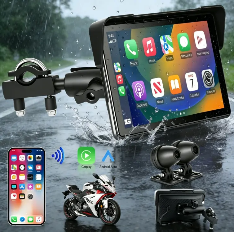 【FOZETOP】7-inch Motorcycle CarPlay Dash Cam Screen, Sunlight Readable Waterproof Portable, Wireless CarPlay & Android Auto, Quick Handlebar Mount, Glove-Friendly Touchscreen, Dual Cameras, Helmet Bluetooth, Siri & Google Voice Control, Carplay Dashboard S