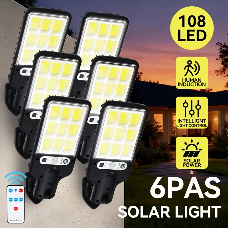 6 Packs 108COB Solar Outdoor Lights, Install Outdoor Wall Light, IPX4, 2000 Mah Reachable Battery, 3 Lighting Modes with Motion Detection, Solar Sensor LED Street Light Ideal for Bedroom, Hallway, Stairs, Garden, And Bedside Decor