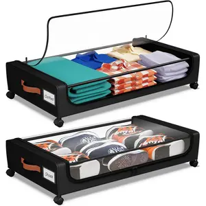 Under Bed Storage with Wheels, UnderBed Storage Containers with Clear Lid and Handles, XXL 60L Under the Bed Storage Bins Drawers for Clothes,Blankets,Shoes,Books (BLACK, 2 PACK)