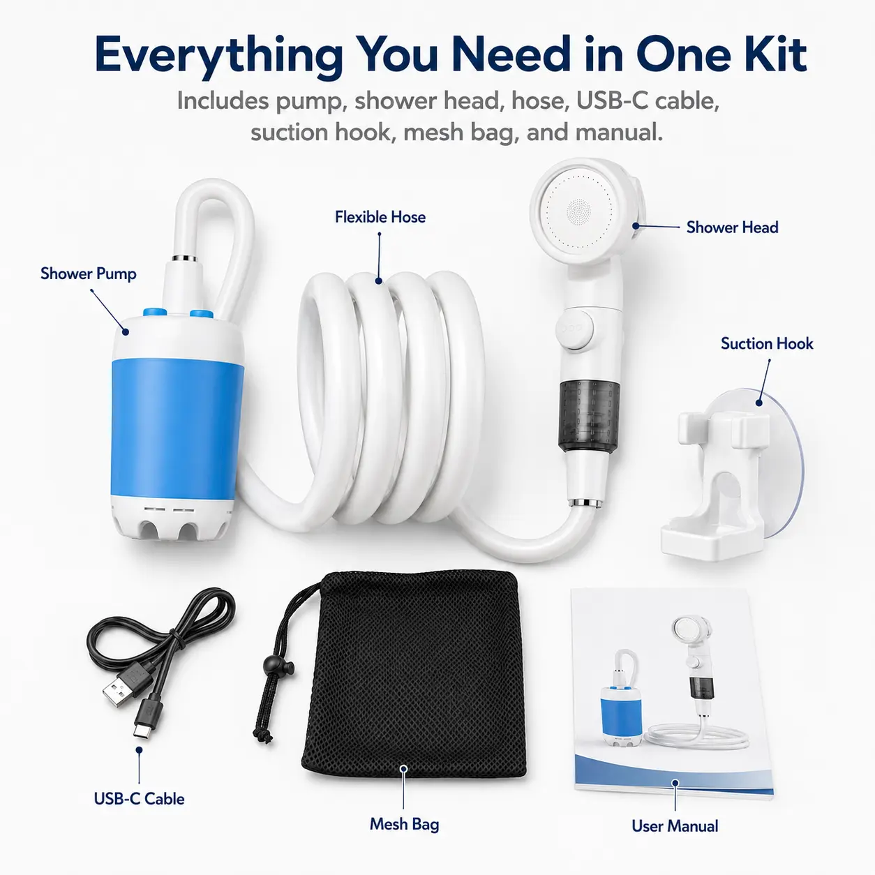 Portable Rechargeable USB-C Charge Camping Shower Pump - Electric Outdoor Shower with 3 Spray Modes, 4000mAh Batteries, Flexible Hose, Suction Hook for Camping, RV Use