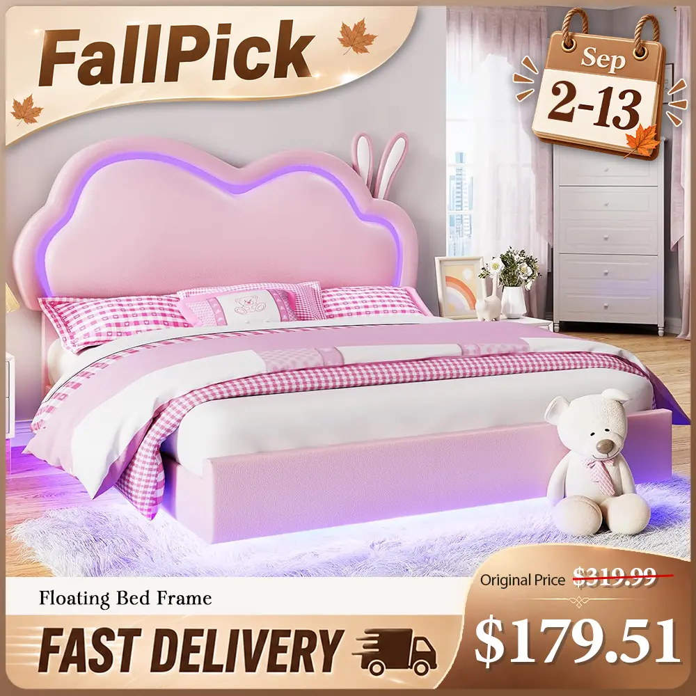 Amerlife Queen Size Floating Leather Upholstered Platform Bed Frame - Modern Upholstered Bed, LED Adjustable Headboard, Wood Slats Support, Easy Assembly, Boxspring Free, Pink/White Bedroom Furniture #tiktokshopstockup
