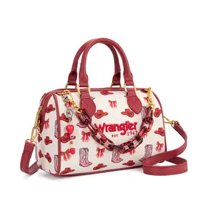 Wrangler Boot Print Barrel Bag Top Handle Boston Purse With Chain for Women Crossbody Purse