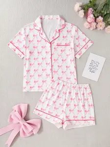 Cute Bow Print Women's Two-Piece Pajama Set, Soft Milk Silk Short Sleeve Button Homewear, Casual Fashion All Seasons Comfortable Sleepwear