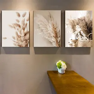 Boho Plant Pattern Canvas Painting with Frame, 3 Counts/set Modern Wall Art Painting, Wall Art Decor for Home Living Room Bedroom Office, Ornaments