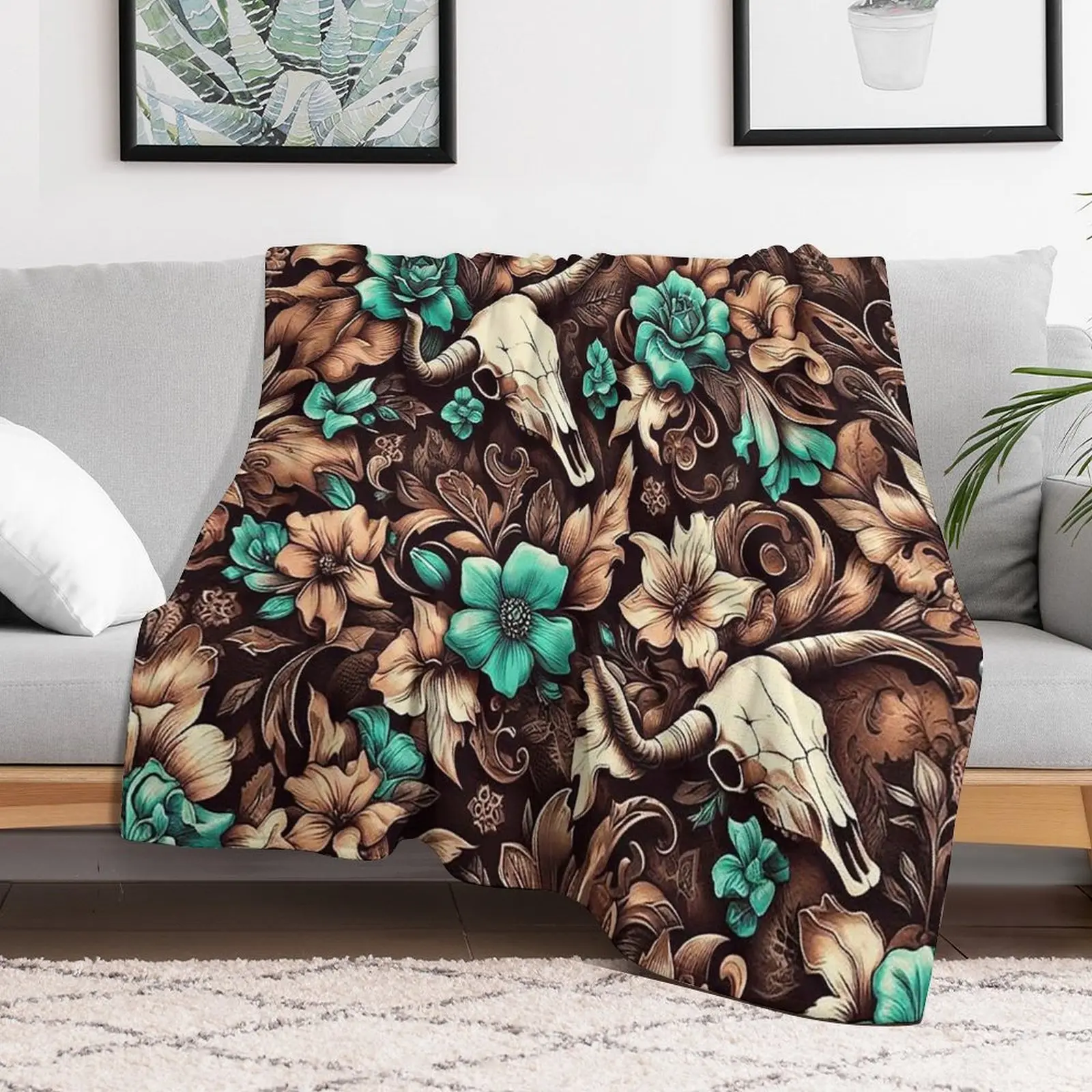 Western Cow Skull Throw Blanket, Turquoise Floral Vintage Country Flannel Fleece Plush Blanket, Lightweight Anti‑Static Sofa Bed Couch Blanket, All‑Season Western Home Decor Gift