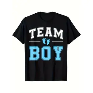 Men's Team Gender Reveal Short-Sleeve Round Neck T-Shirt - 100% Cotton Soft Announcement Top with Bold White & Blue Lettering, Footprints, Symbol - Foldable Streetwear Mensfashion Gender Reveal Party Outfit, Shower Gift